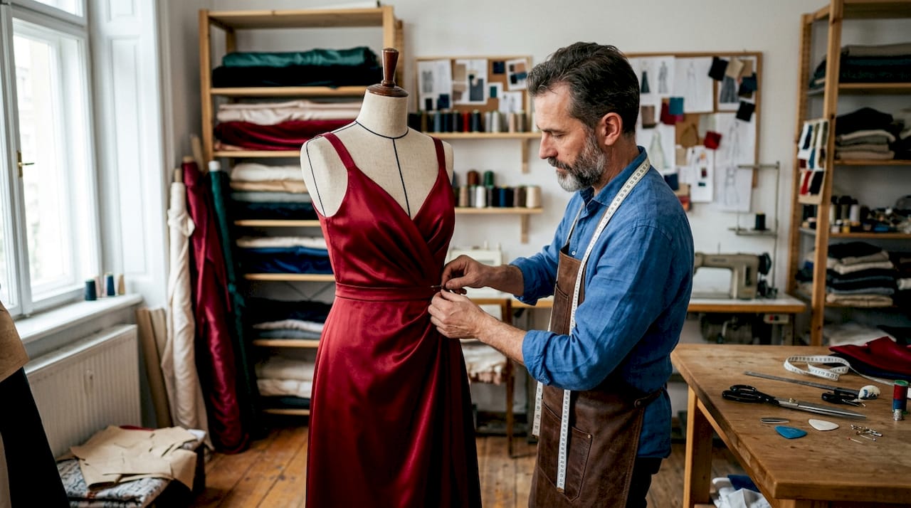 Eine Schneiderin arbeitet im Atelier und passt ein elegantes Satinkleid an einer Schneiderpuppe an.
