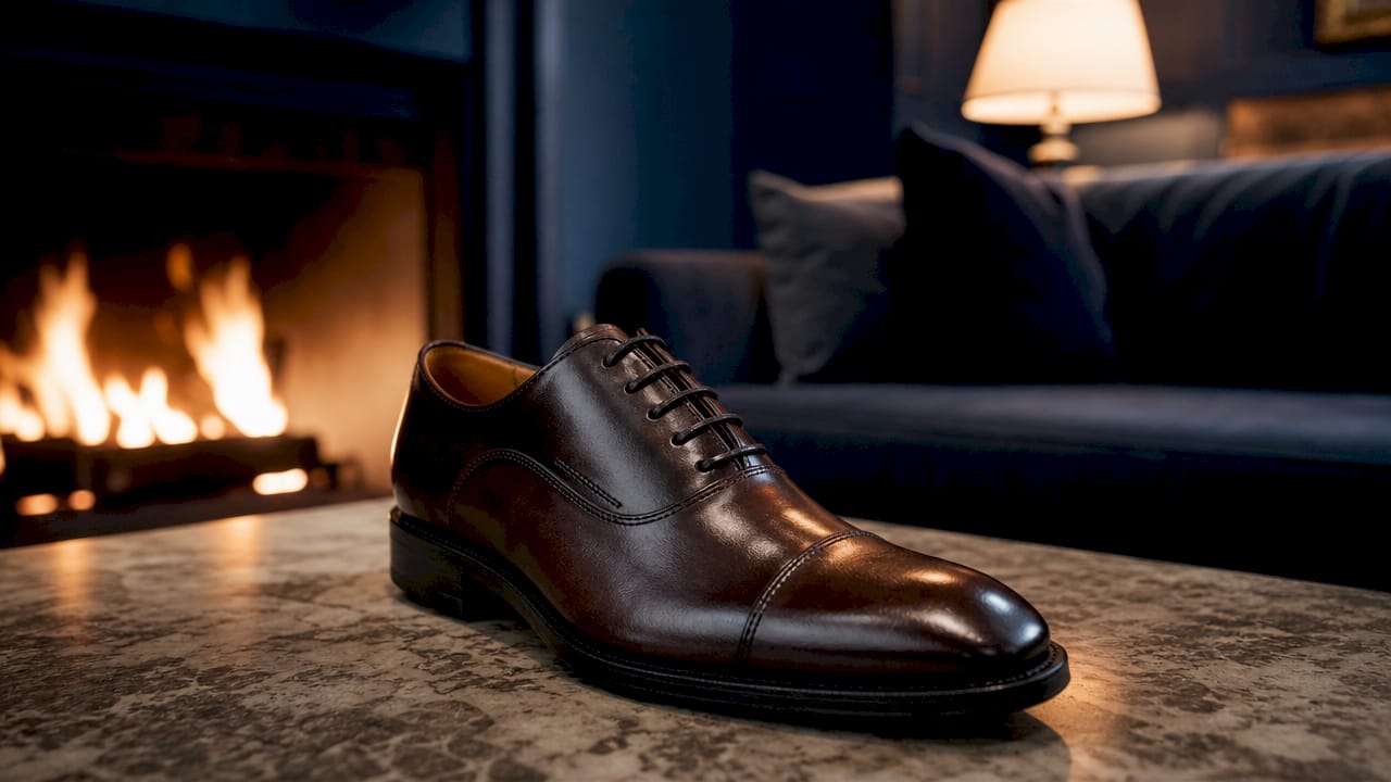 Detailopname van stijlvolle leren schoenen voor heren in een elegante entree