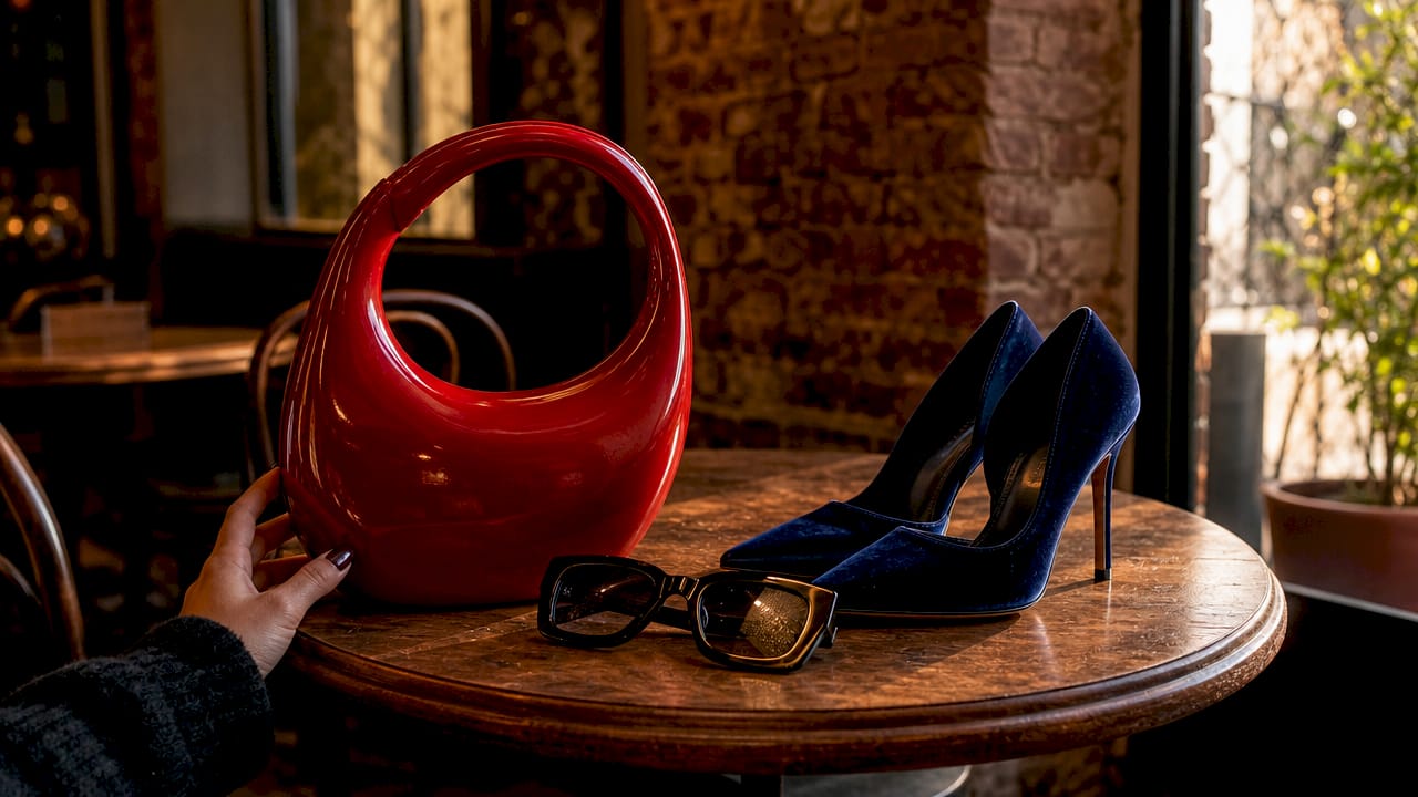 Accessori moda dal carattere deciso su un tavolo dallo stile essenziale