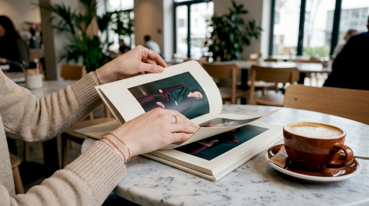 Des mains feuilletent le lookbook d’une collection capsule en plein air.