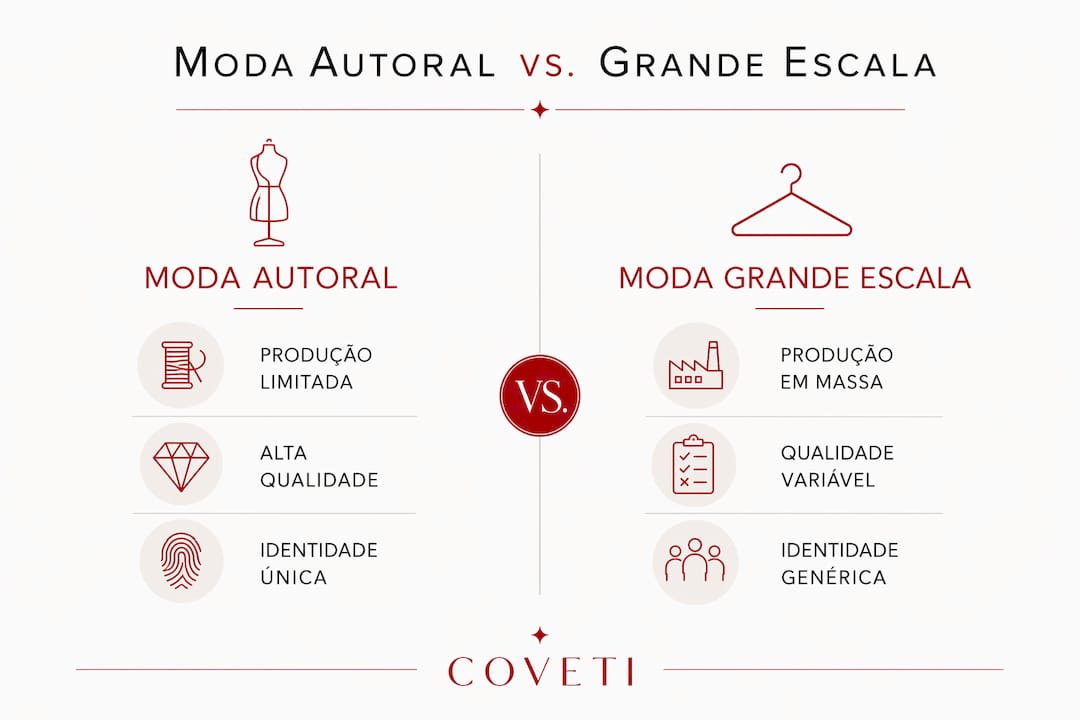 Infográfico a mostrar as principais diferenças entre moda de autor e moda produzida em larga escala