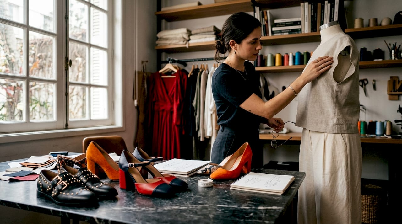 Ateliê de moda com sapatos de destaque e manequim