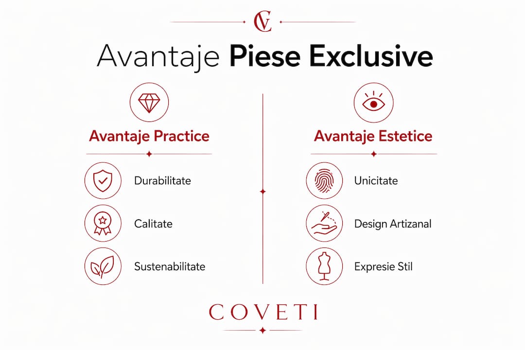 Infografic despre beneficiile practice și designul deosebit al pieselor exclusive