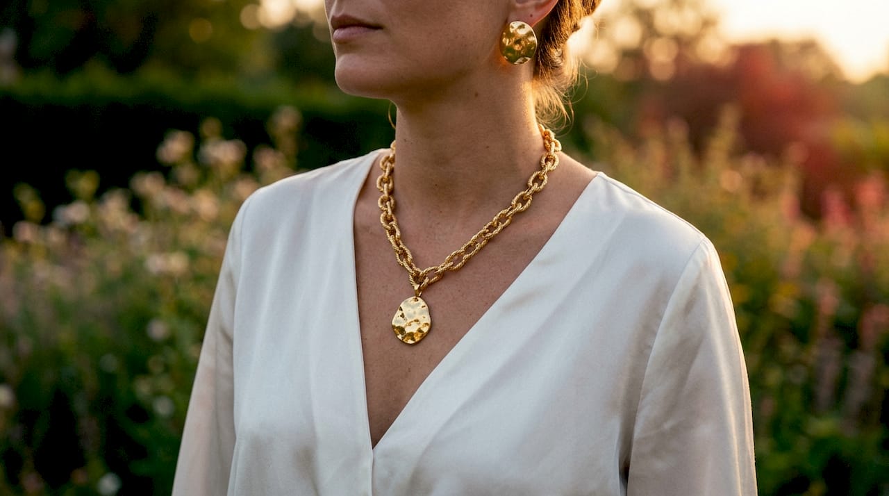 Detailfoto van een witte linnen blouse, gecombineerd met een opvallende gouden ketting.