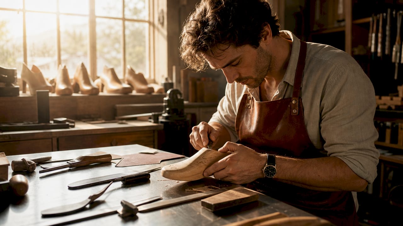 Des mains façonnent une forme à chaussure en bois dans l’atelier.