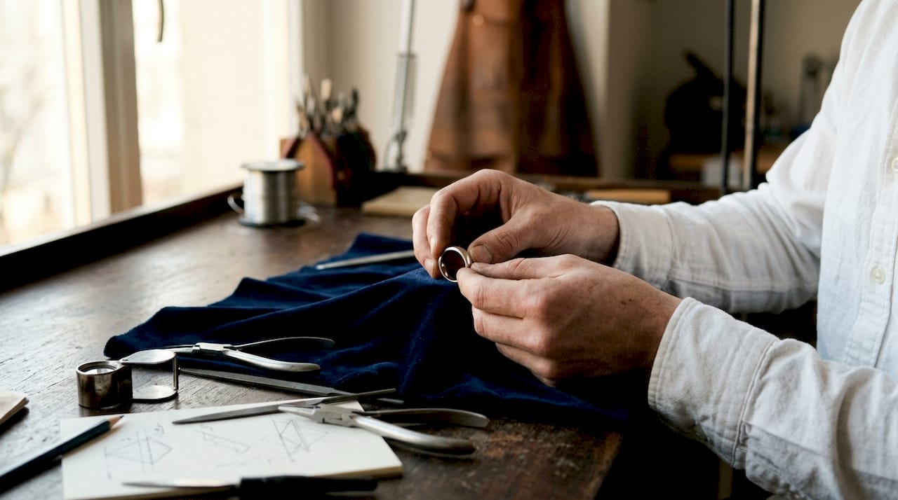 Dettaglio ravvicinato di mani che sistemano un anello minimalista in oro bianco.