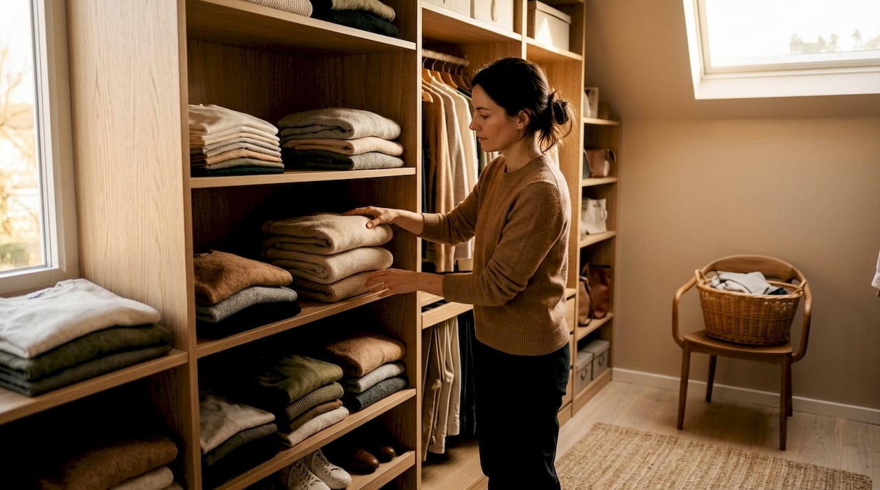 Des mains rangent soigneusement des vêtements pliés façon minimaliste