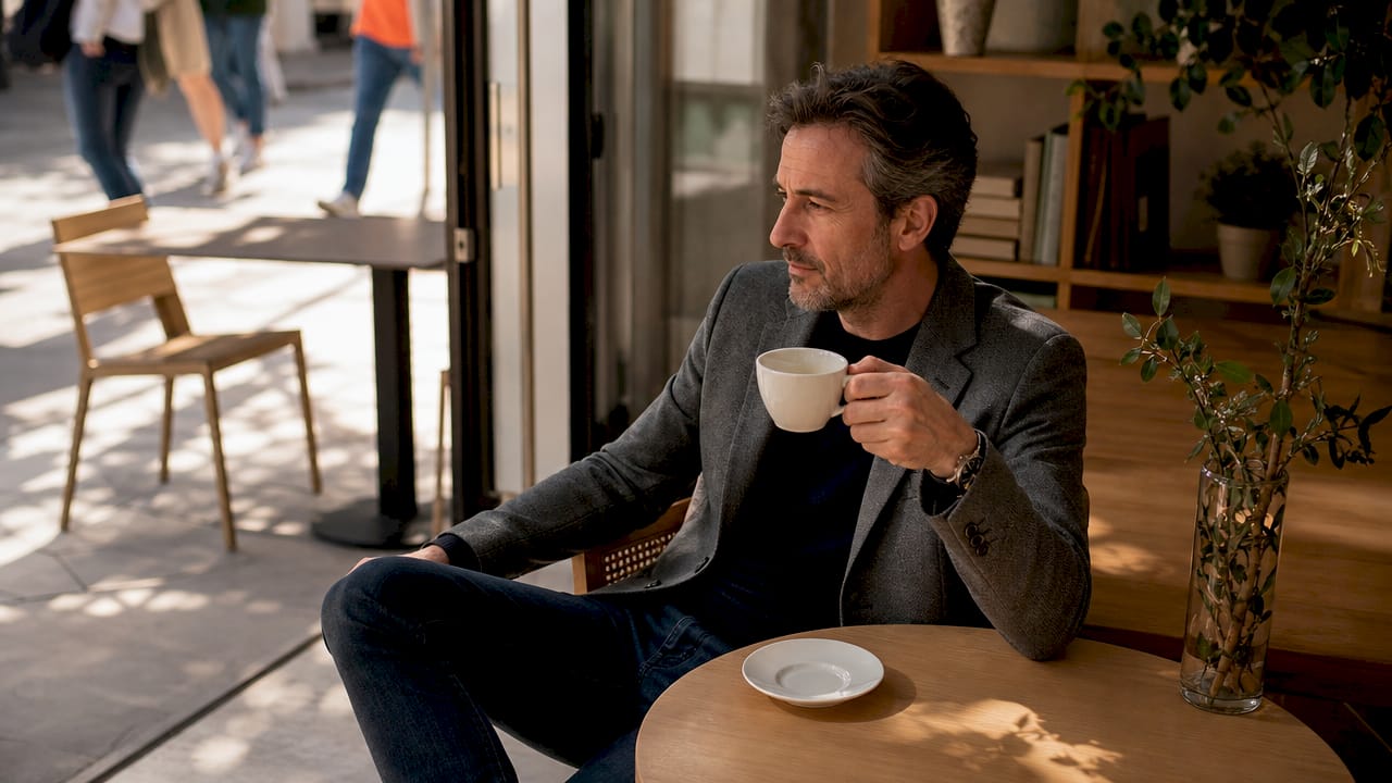 Ein stilvoll gekleideter Mann genießt seinen Kaffee im Café.