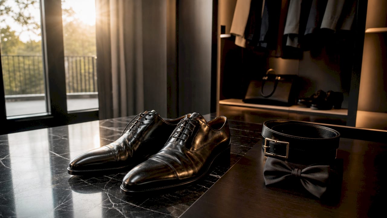 Detailopname van stijlvolle zwarte lakschoenen voor heren