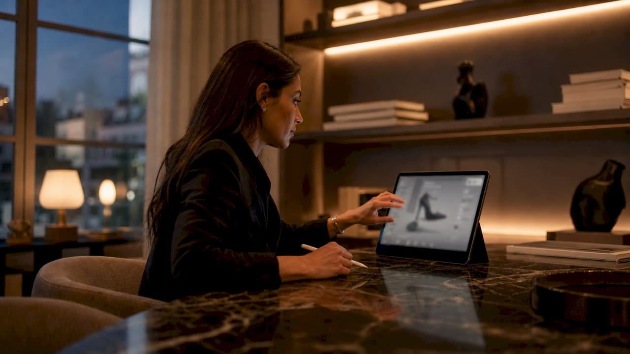 Vrouw ontwerpt eigen schoenen met een 3D-configurator op haar tablet