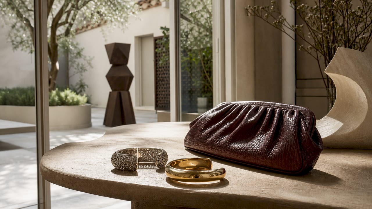 Edler Schmuck und eine luxuriöse Handtasche stilvoll auf dem Tisch arrangiert – im Fokus das Zusammenspiel aus Glanz und Eleganz.