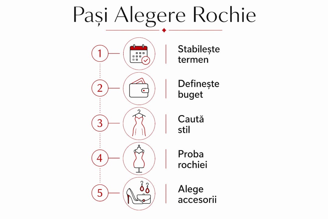 Infografic vertical: Pașii esențiali pentru alegerea rochiei de mireasă