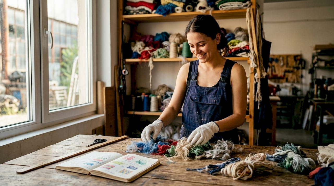 Un muncitor sortează fibre textile reciclate într-un atelier, pregătindu-le pentru reutilizare.