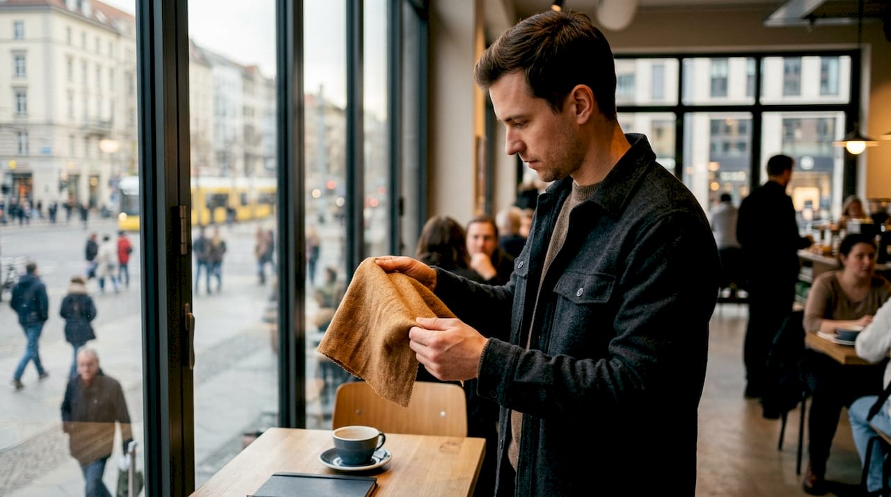 Im Atelier begutachtet der Designer sorgfältig die Stoffe, um deren Qualität zu überprüfen.