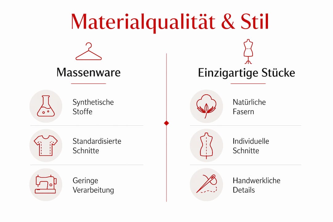 Die Infografik veranschaulicht den Unterschied zwischen Massenmode und individuellen Designstücken.