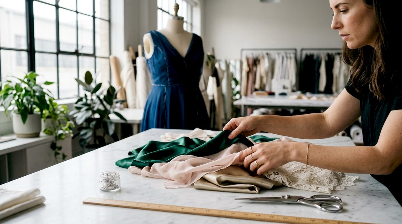 Detaliu cu materiale textile și ustensile de croitorie