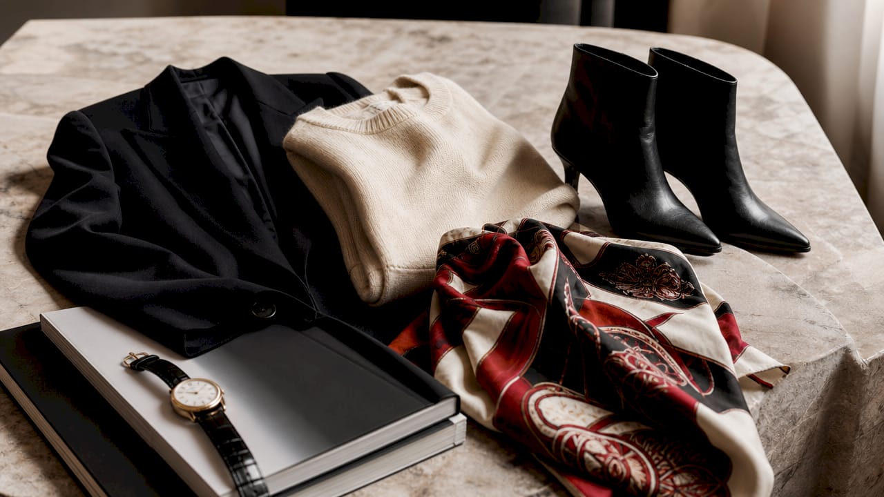 Stijlvolle flat lay van onmisbare basics voor een luxe garderobe