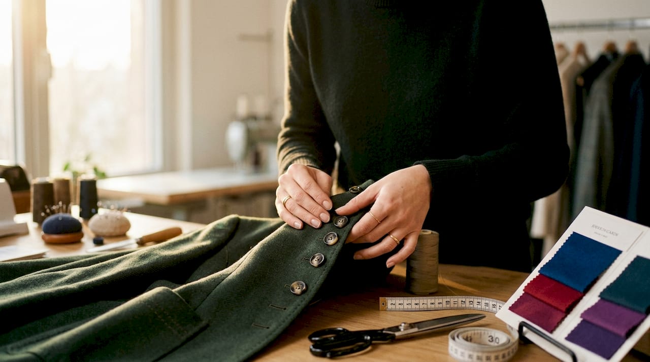 Detalle de manos revisando la calidad de los acabados en una chaqueta de diseñador.