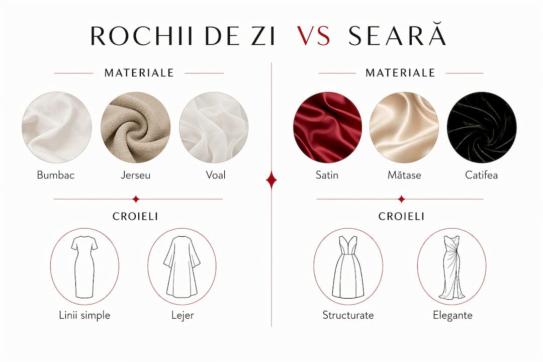 Infografic: diferențe între materiale și tipuri de croieli pentru rochii de zi și de seară