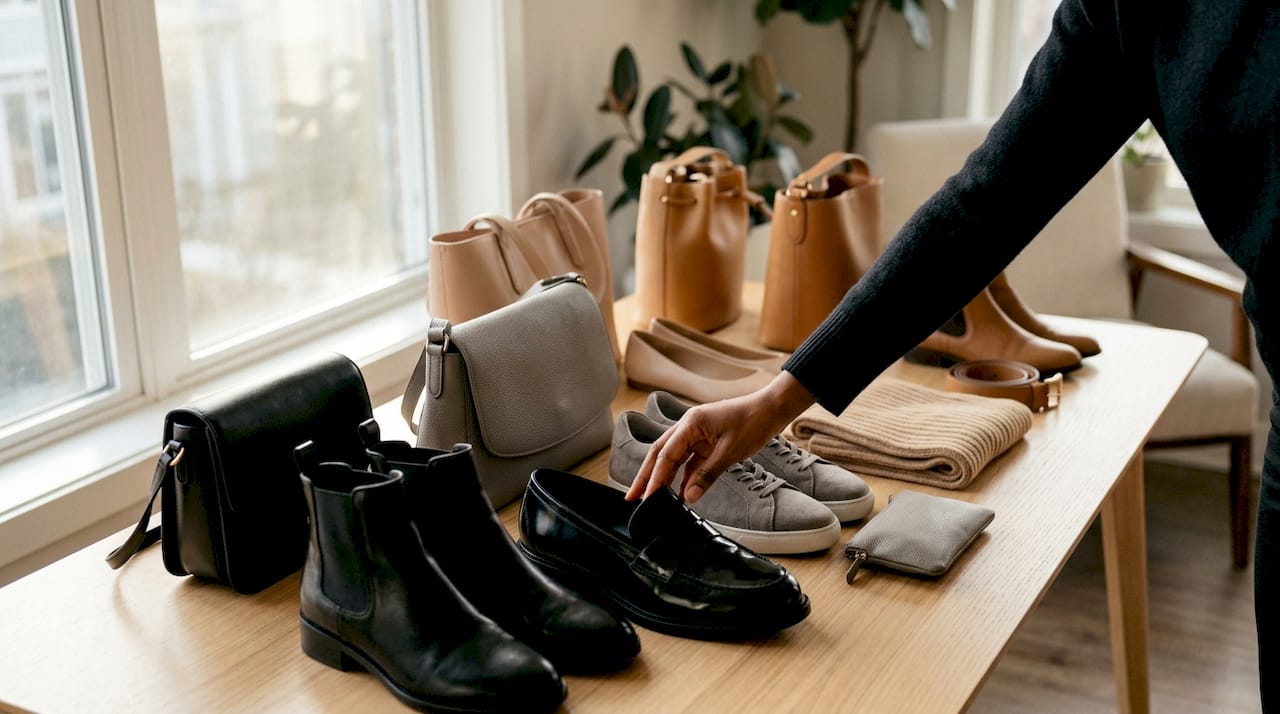 Una mano sostiene y compara unos zapatos y un bolso en tonos neutros, buscando la mejor combinación.