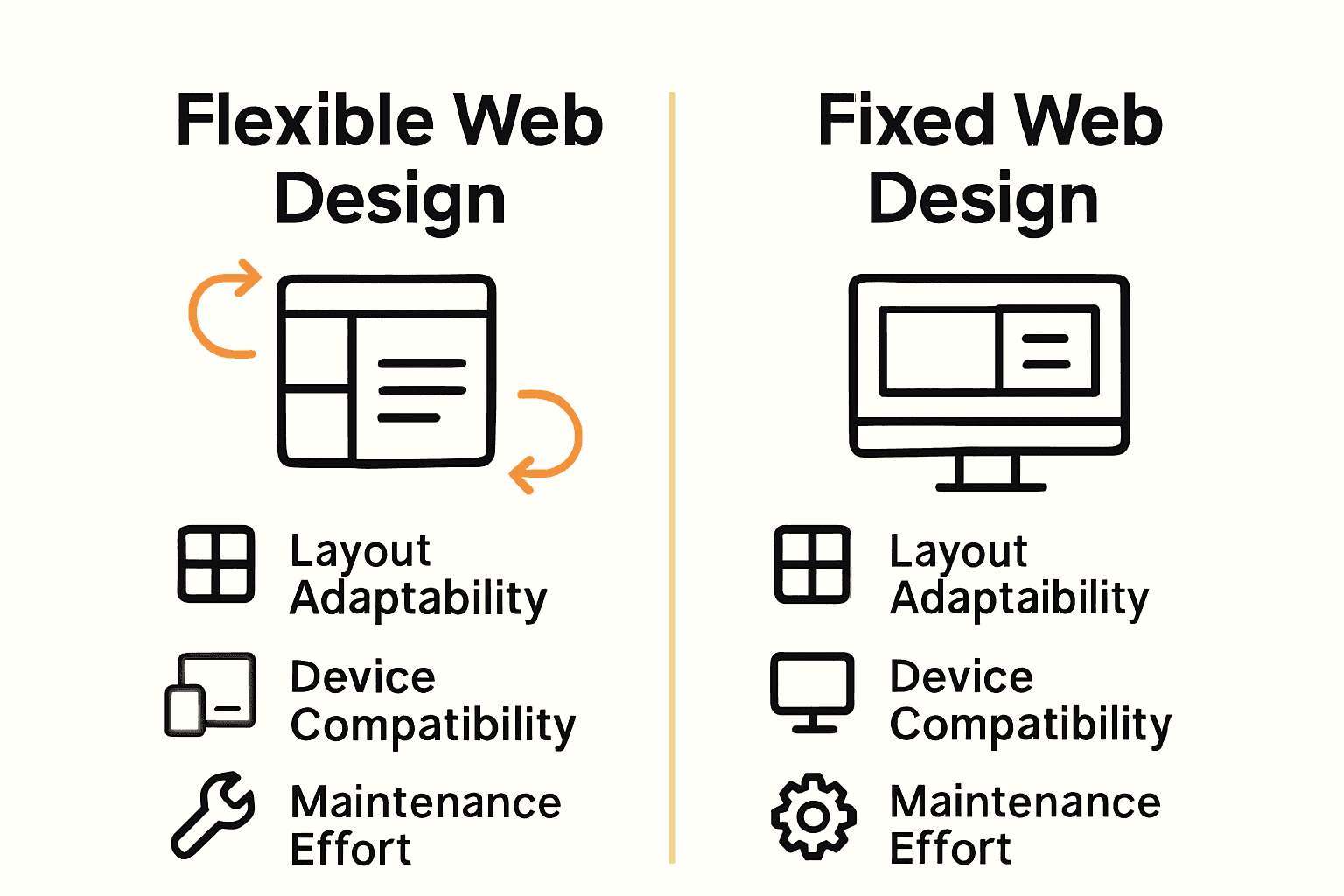 Infographic comparing flexible and fixed web design using device icons and feature symbols.