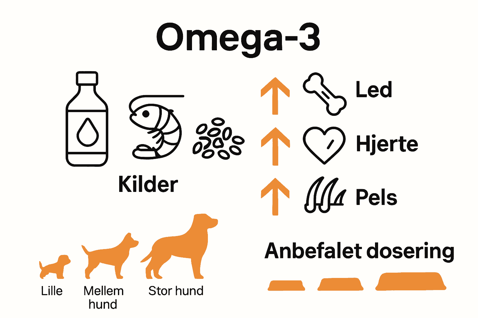 Infografik over omega-3 kilder og dosering for hunde.