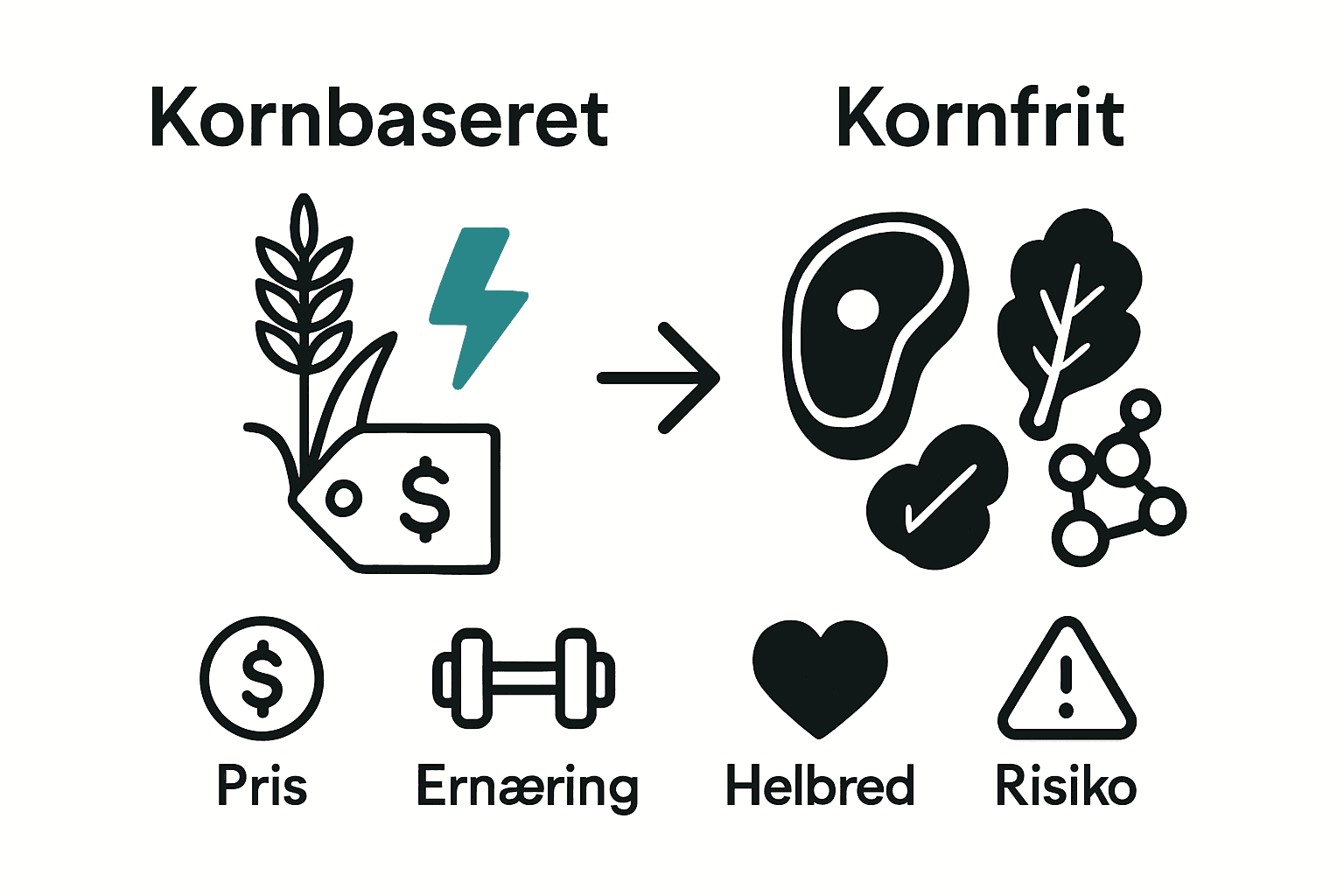 Infografik der sammenligner kornbaseret og kornfrit hundefoder.
