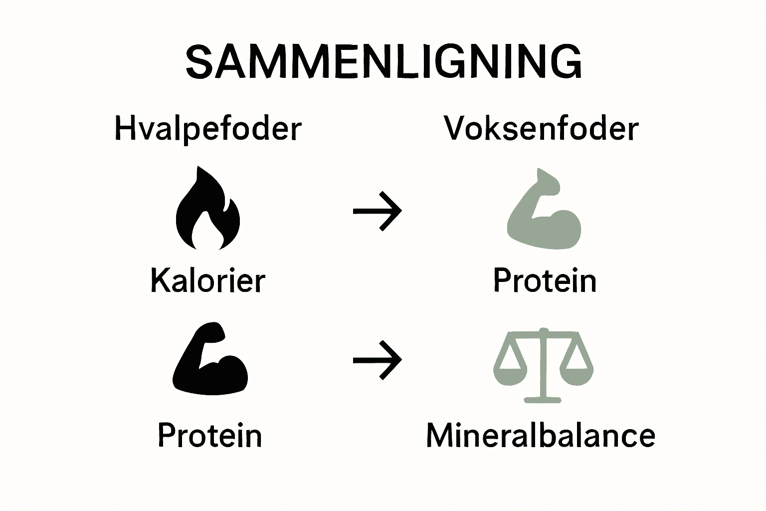 Infografik sammenligner hvalpefoder og voksenfoder med ikoner og nøglefakta.