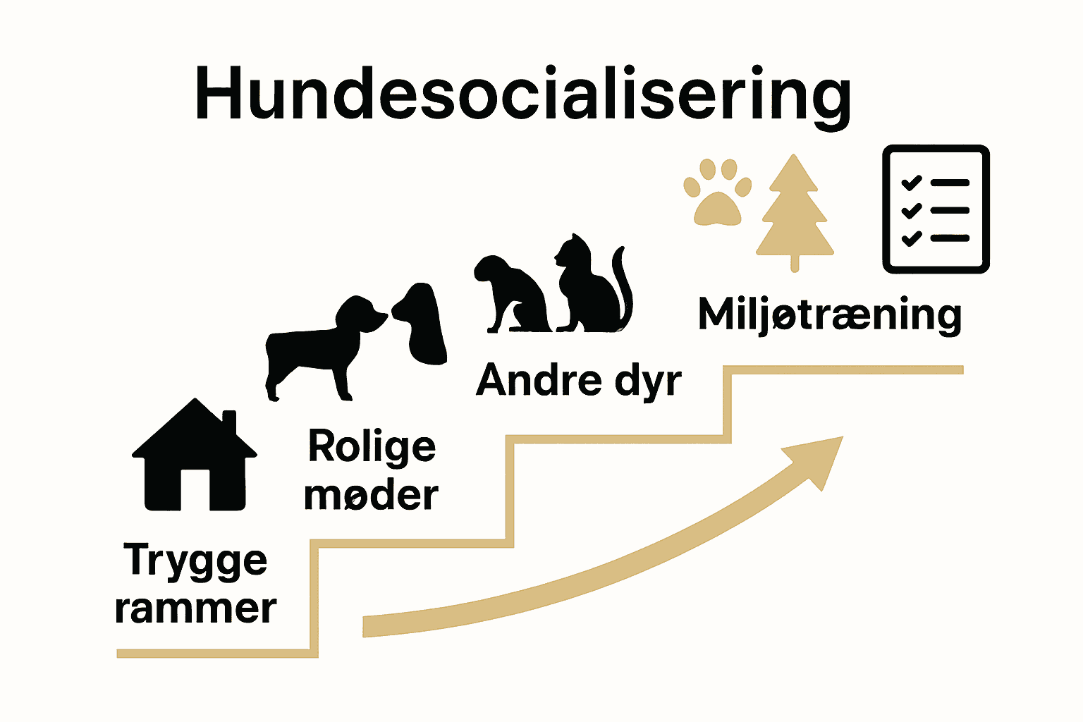 Infografik med fem trin til succesfuld hundesocialisering