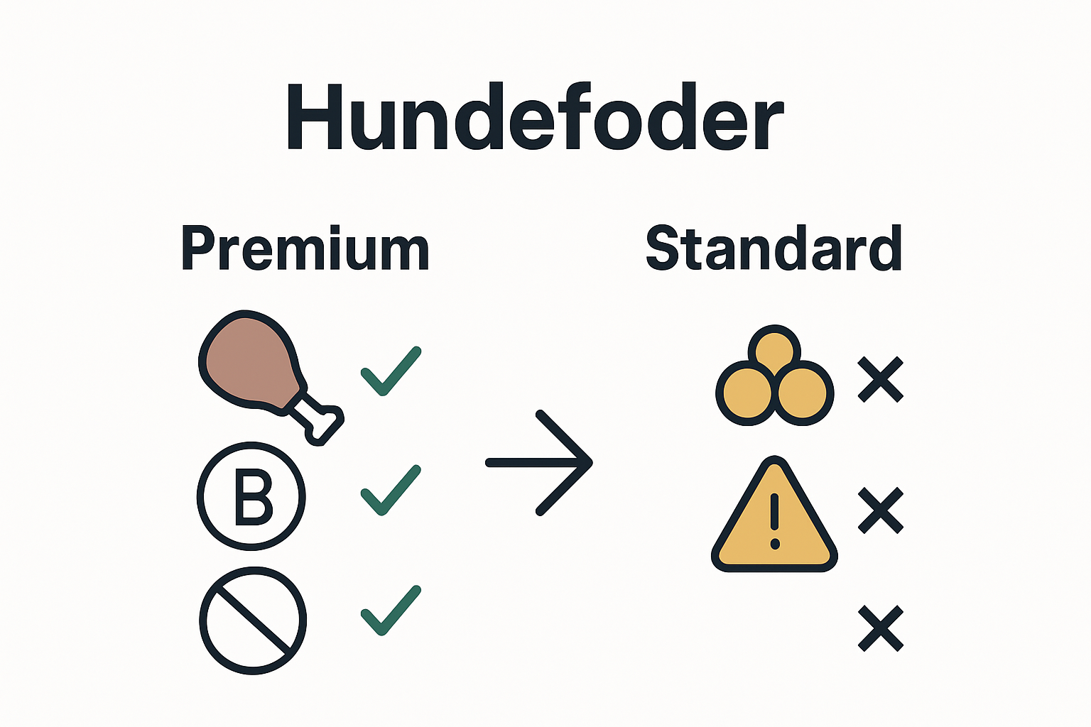Sammenligning af premium og standard hundefoder via ikoner og kolonner