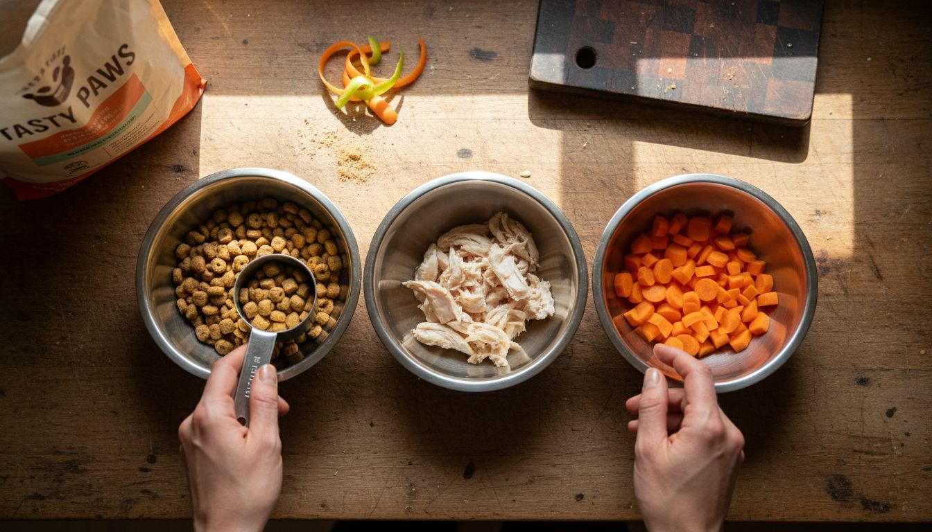 Dog food portions with chicken and carrots