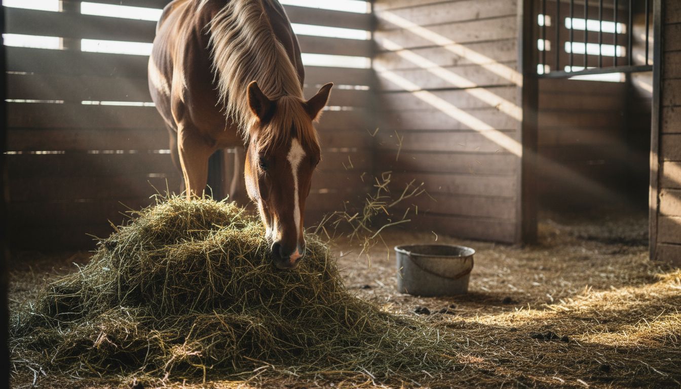 Horse eating hay inside wooden stable