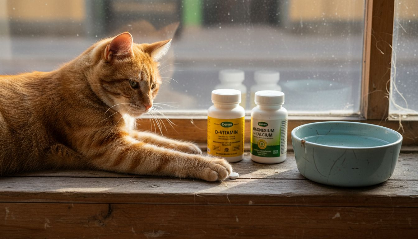En kat ligger i vindueskarmen med sine vitaminer ved siden af sig.