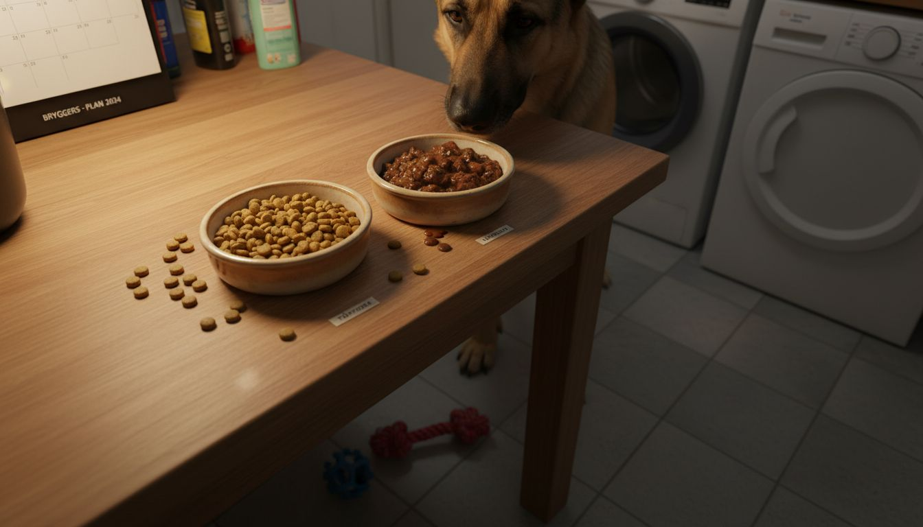 Hunden snuser nysgerrigt til både tør- og vådfoderet i sine skåle.