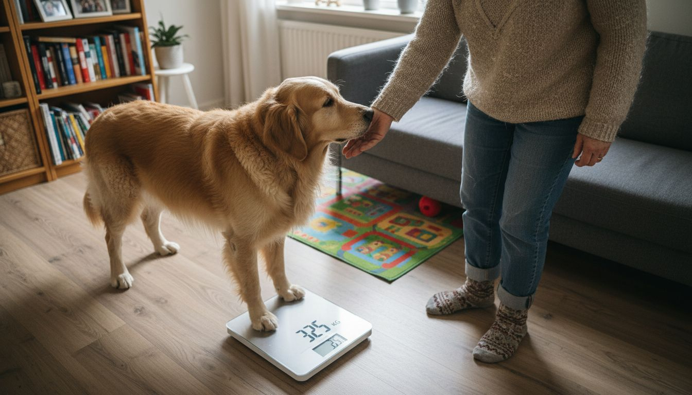 En kvinde står hjemme i stuen og vejer sin hund.