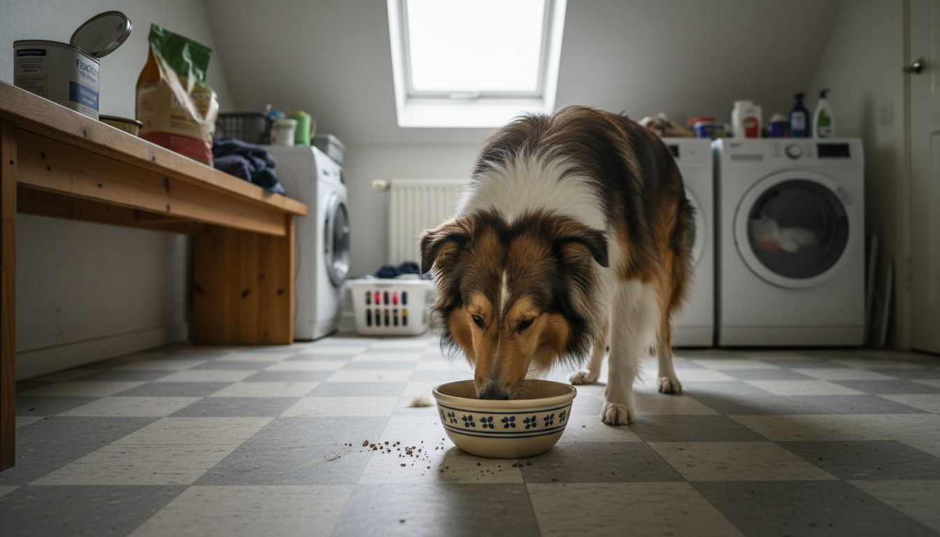 Vores hund nyder sin sunde mad, mens den sidder på gulvet ude i bryggerset.