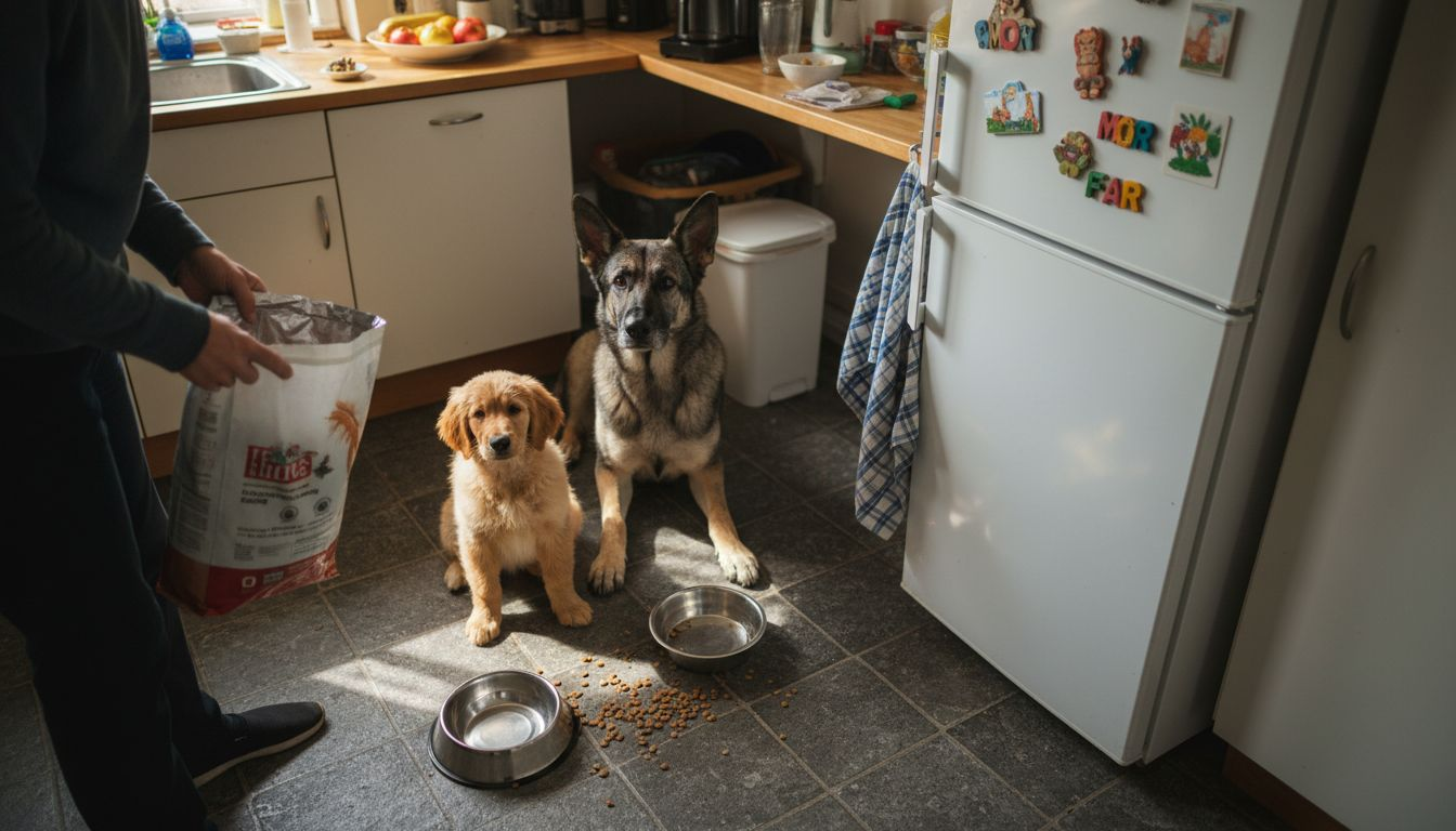 Både hvalpen og den gamle hund får serveret deres mad i køkkenet.