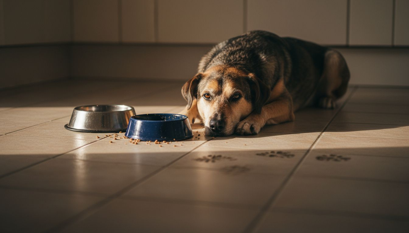 En afslappet hund ligger ved sin madskål, hvor der er drysset lidt foder ved siden af.