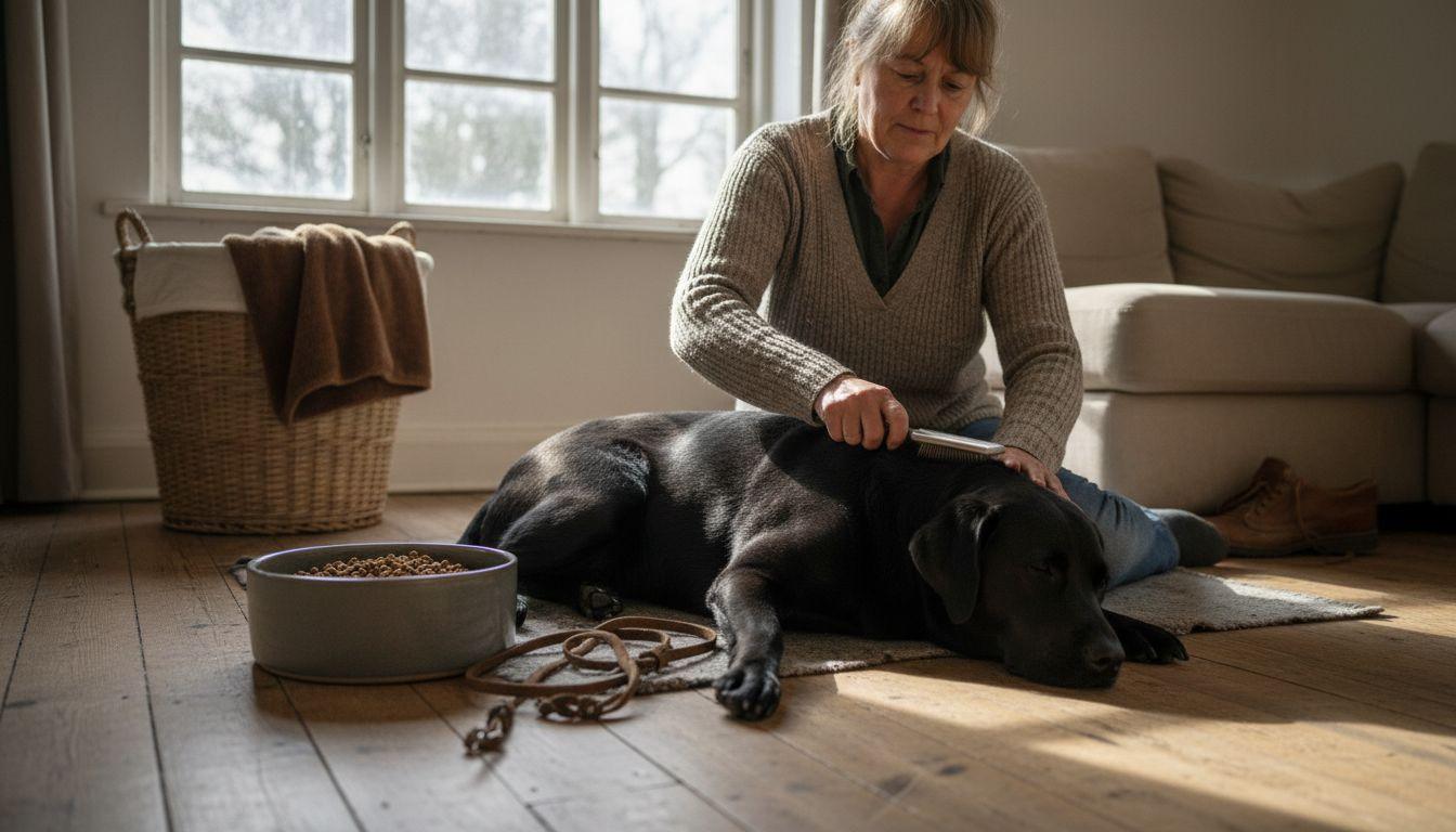 En kvinde giver sin hund en grundig børstning som en del af dagens faste rutiner derhjemme.