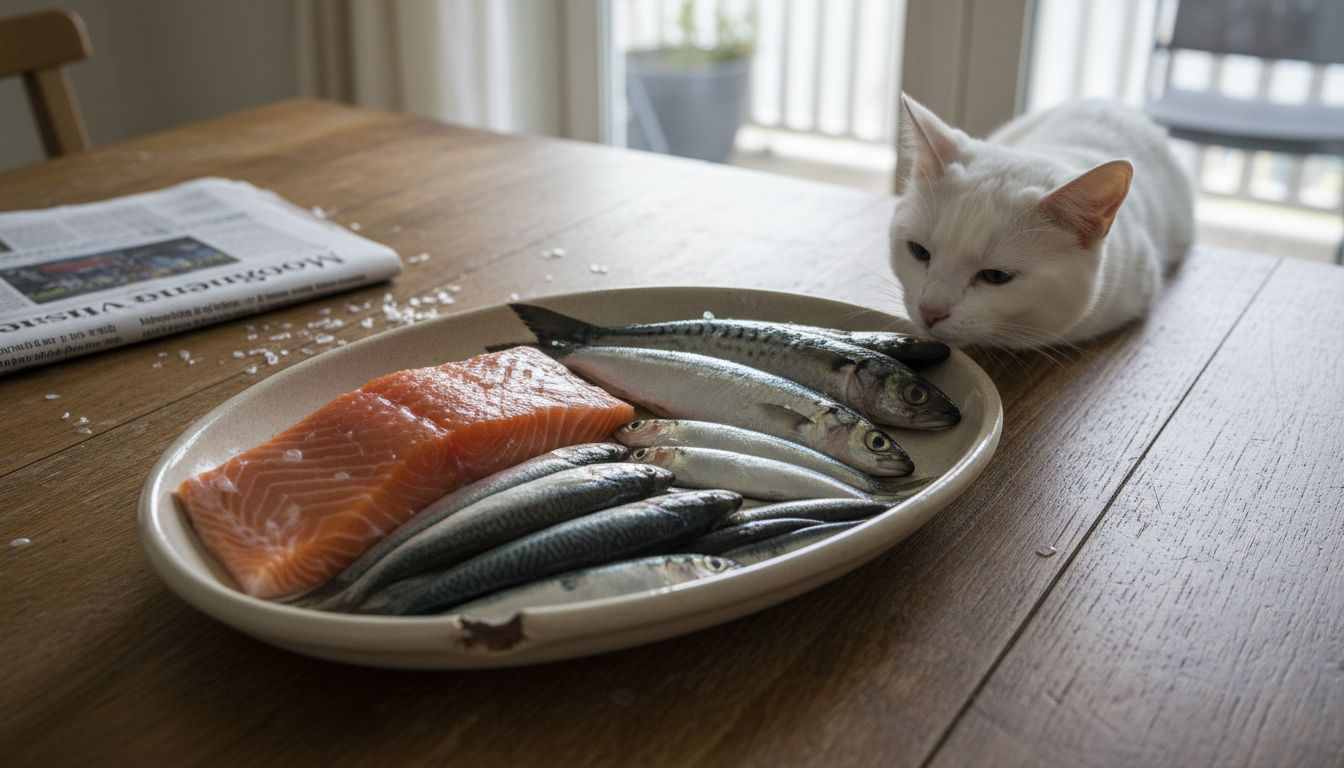 Friskfanget fisk serveret til katten direkte på spisebordet