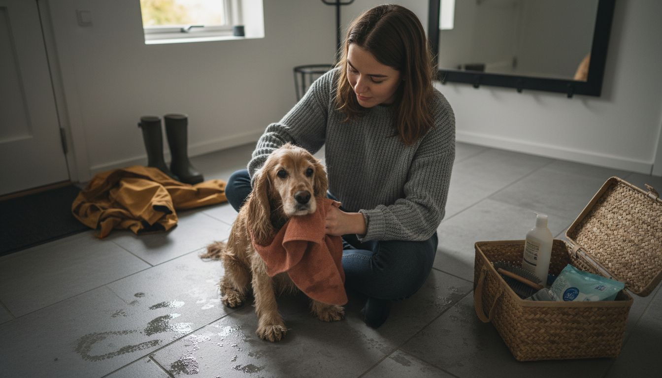 En kvinde står hjemme i badeværelset og tørrer sin hund efter et bad.