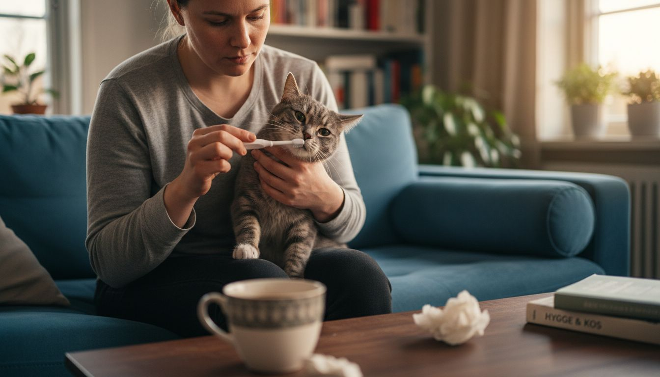 Kattens tænder bliver børstet med en særlig tandbørste lavet til dyr.