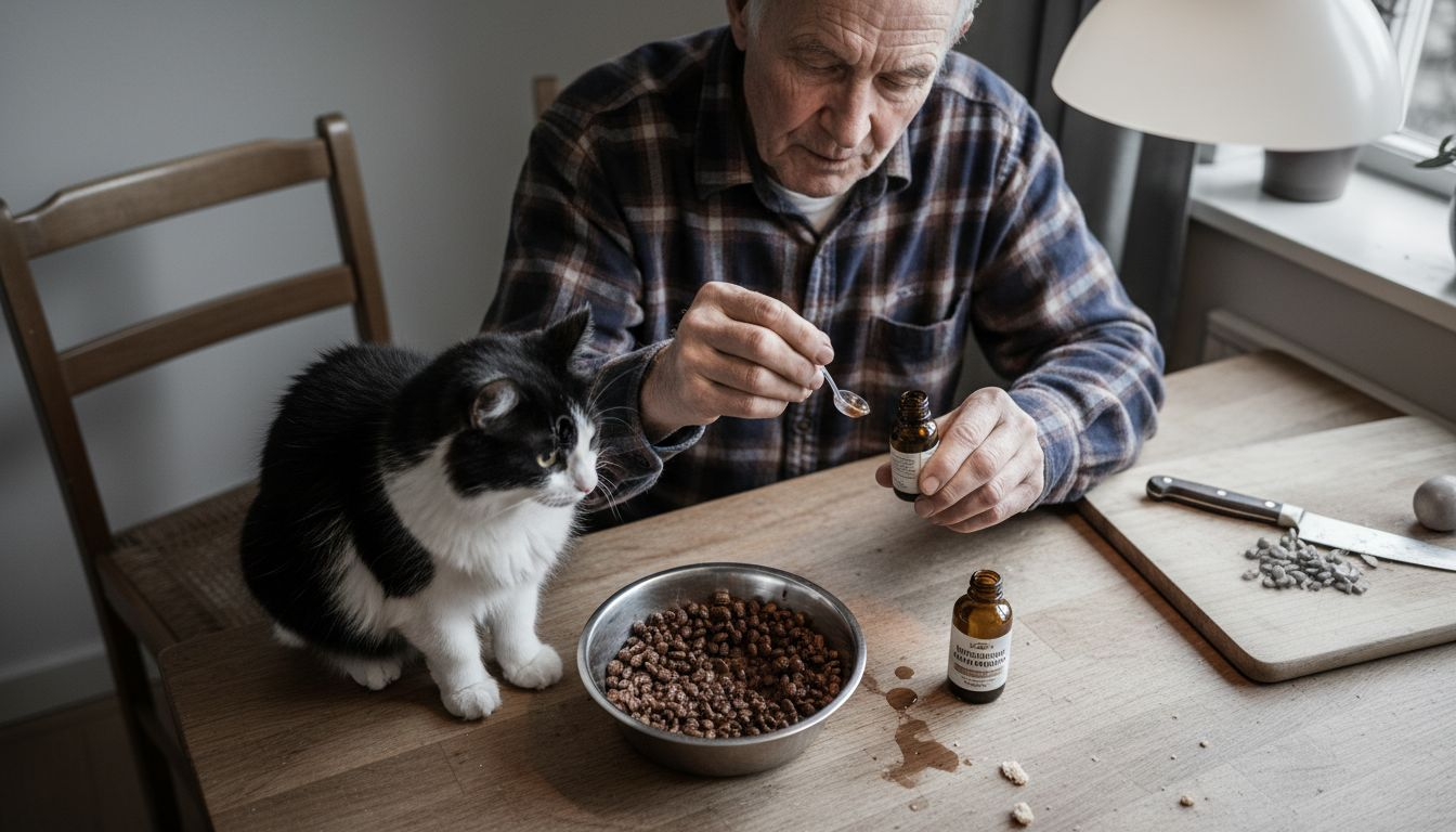 Kat følger nysgerrigt med, mens der gives mad tilsat vitaminer.