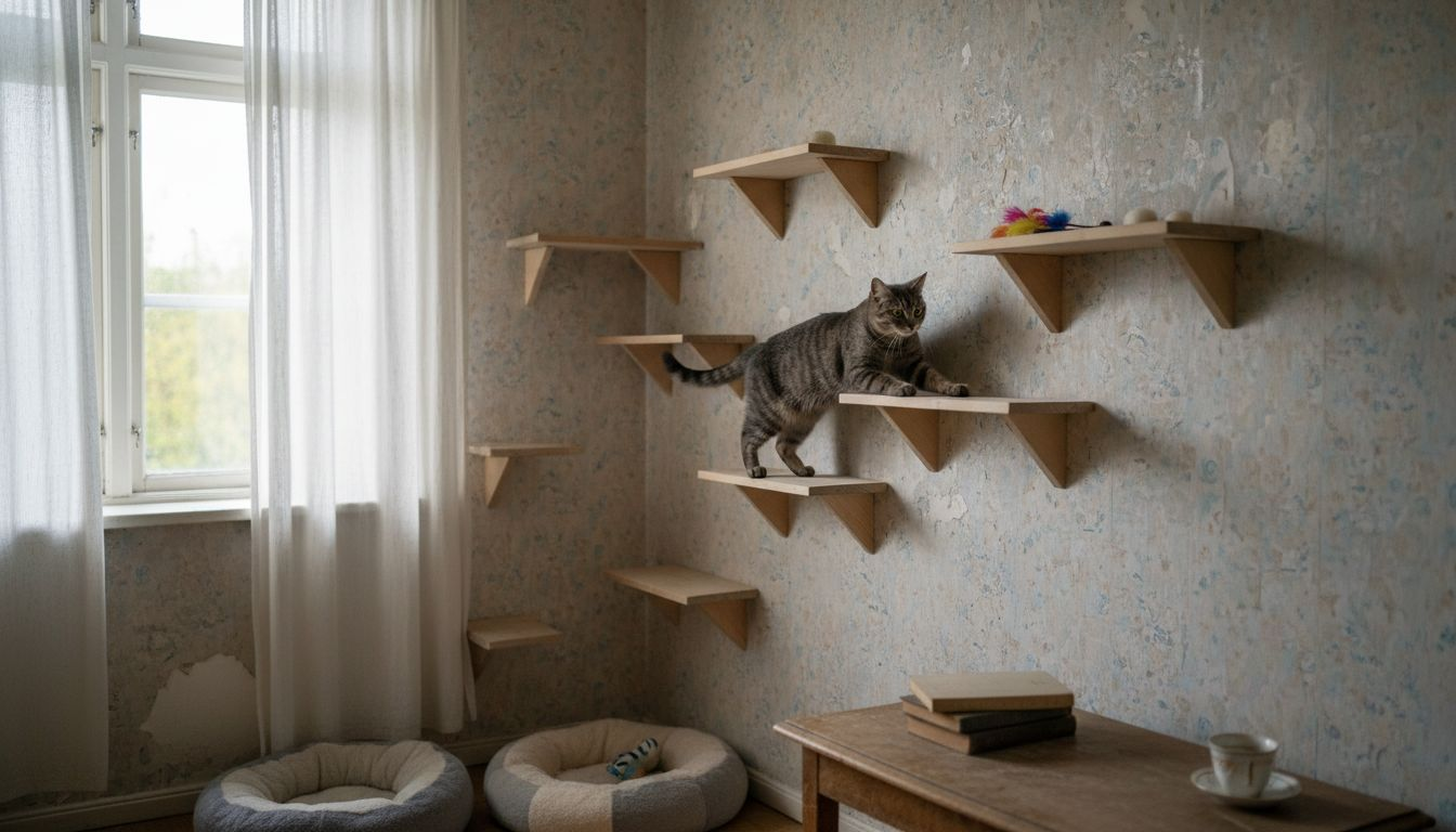 Katten hopper rundt oppe på hylderne i stuen.