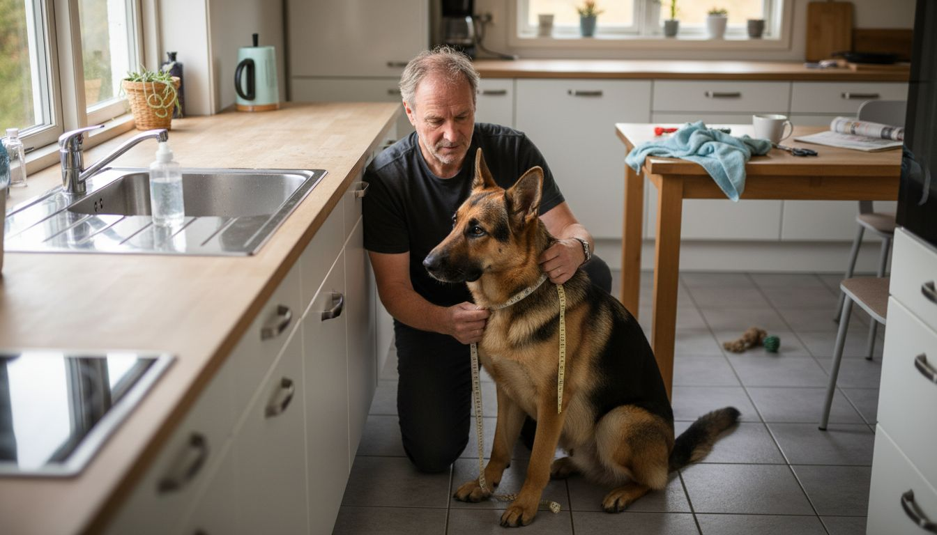 En mand tager et målebånd og måler omkredsen på sin hunds bryst.