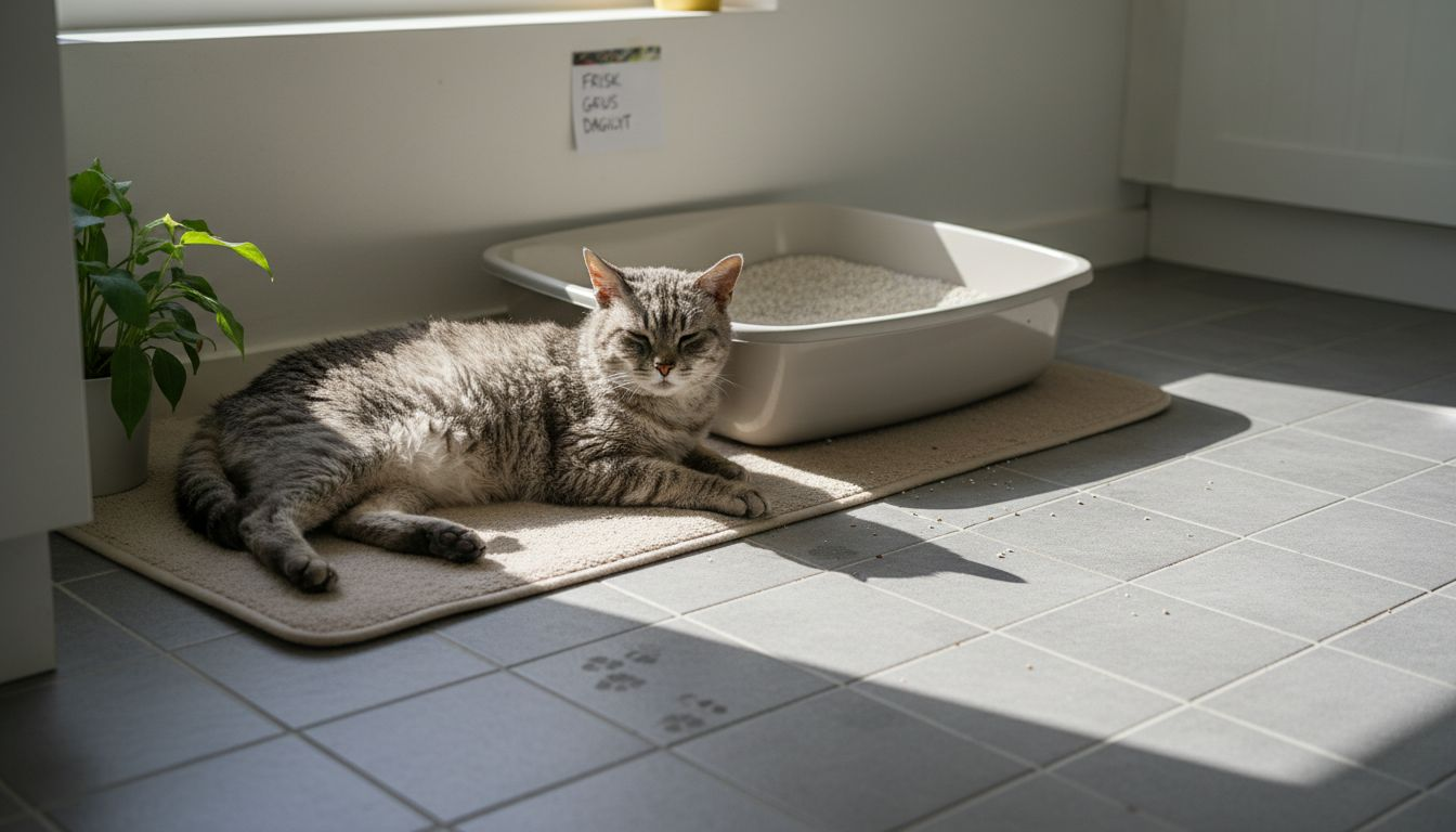 Katten ligger og slapper af ved siden af kattebakken med grus.