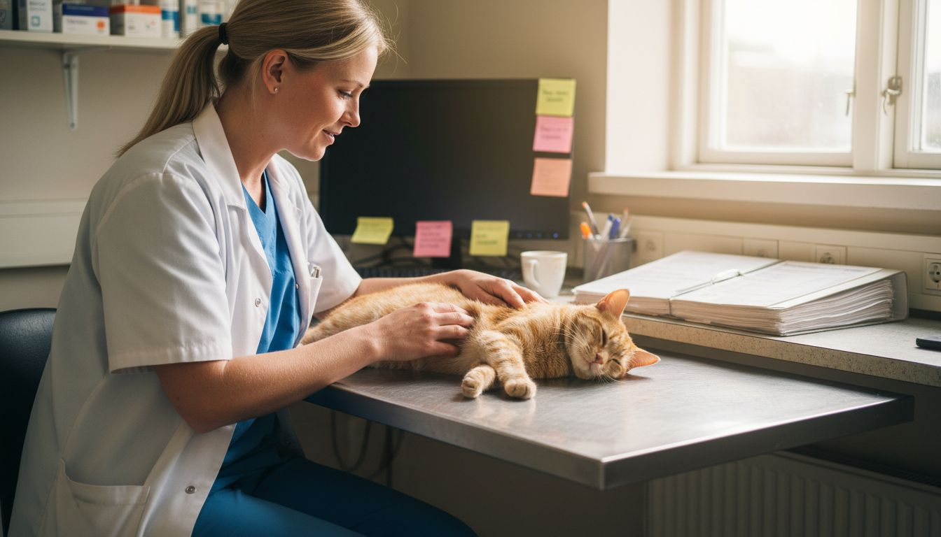 Dyrlægen tjekker kattens mave under konsultationen