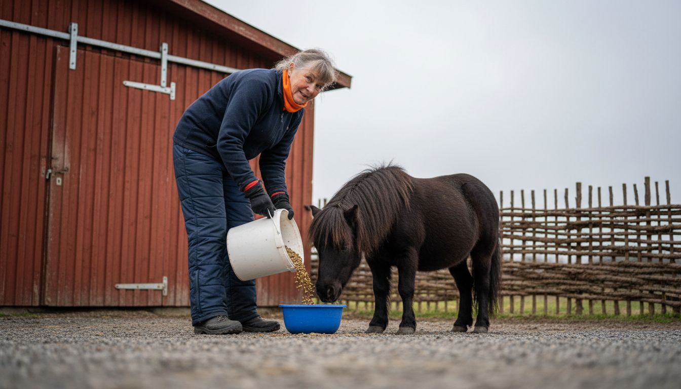 En kvindelig ejer giver sin pony foder med et lavt indhold af stivelse.