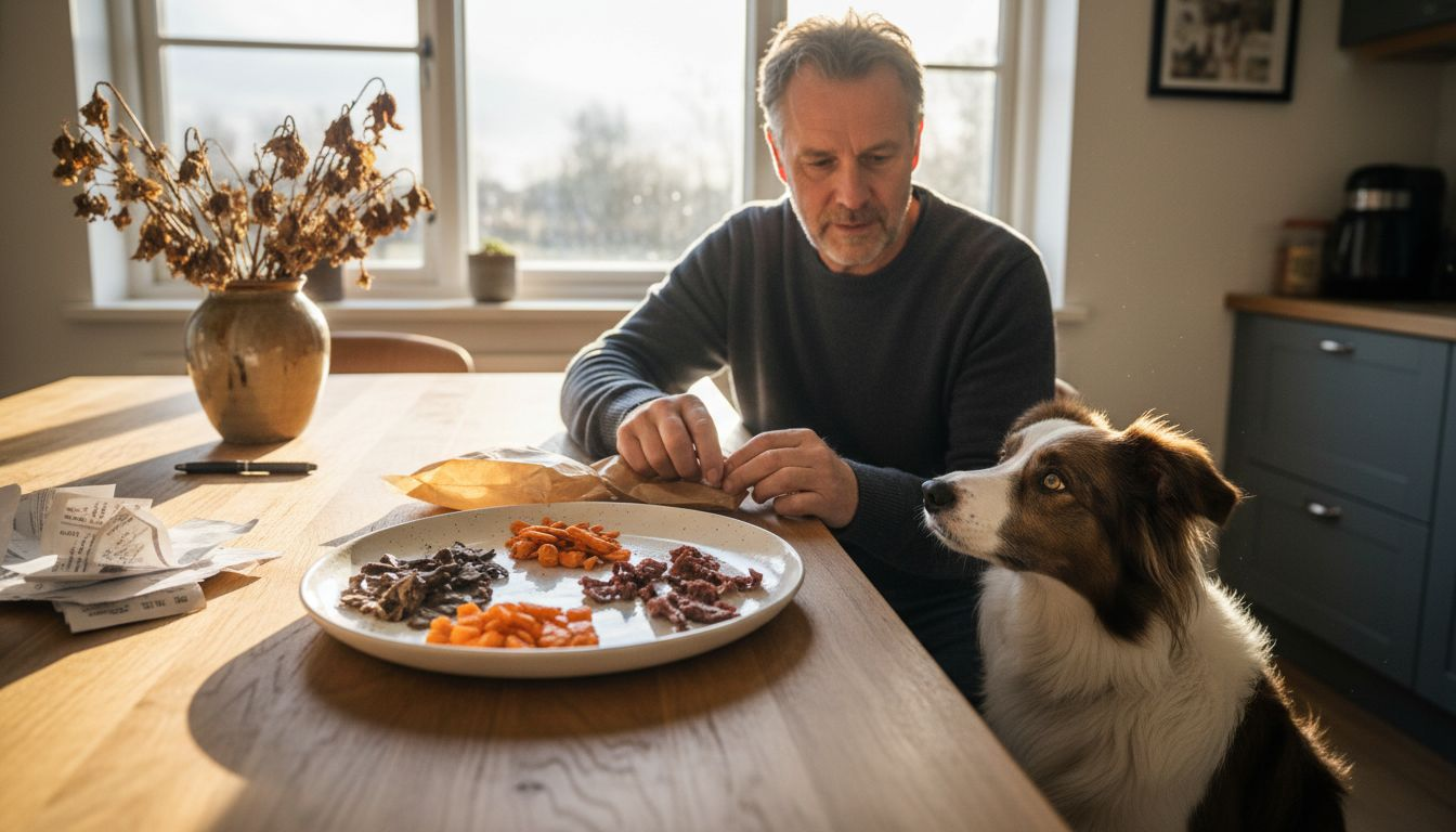 En mand sidder og sorterer hundesnacks lavet af naturlige ingredienser på bordet foran sig.
