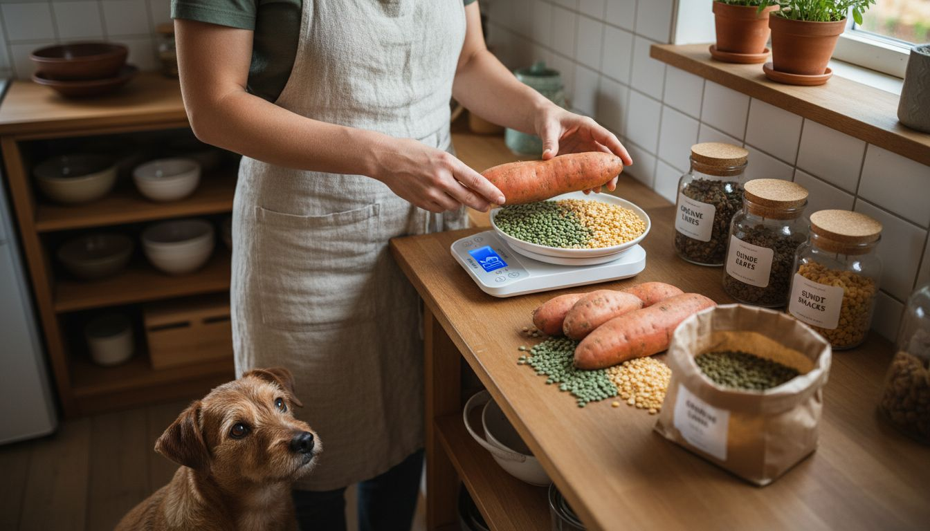 En person står og vejer forskellige alternative foderingredienser op.